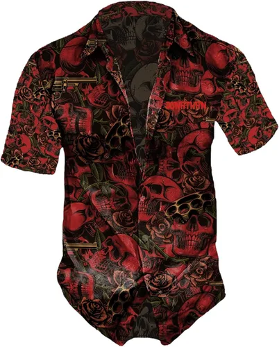 Vista 4 de Camisas hawaianas de calavera para hombre, camisa de calavera y flor, camisa hawaiana de flores hawaianas para hombre, camisa hawaiana de verano