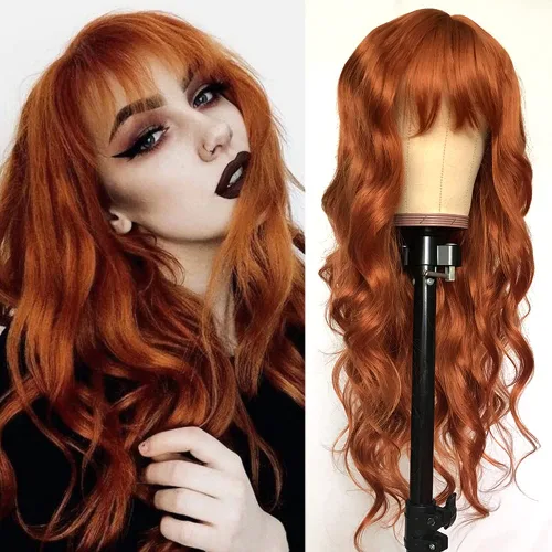 Vista 14 de QD-Tizer Pelucas sintéticas de color rubio ceniza con flequillo, pelucas de cabello largo y lacio, sin pegamento, pelucas sintéticas sin encaje