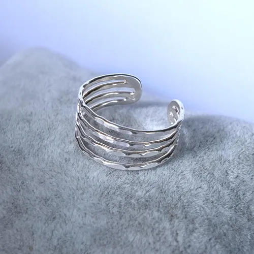 Vista 3 de Anillo ajustable abierto de plata hecho a mano, bolas, hoja, multibanda, plata de ley 925, tamaño 7, anillo de abrazo para mujer, pequeño y delicado