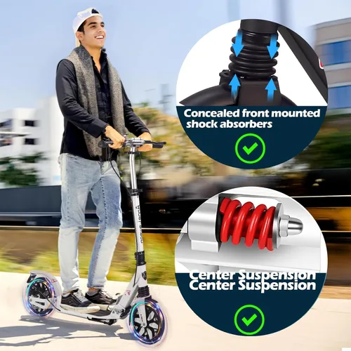 Vista 3 de Commuter - Scooter para adultos de 300 libras de capacidad, ruedas grandes, patinete plegable deportivo para niños de 10 años en adelante, 4 niveles
