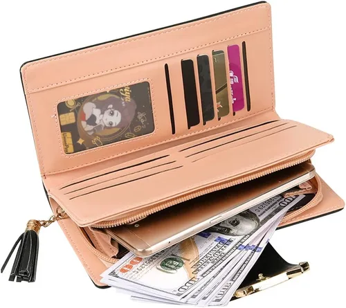 Vista 5 de HeySun Adorable monedero con orejas de gato para mujer, cartera larga, con clip para dinero, Negro -, Casual