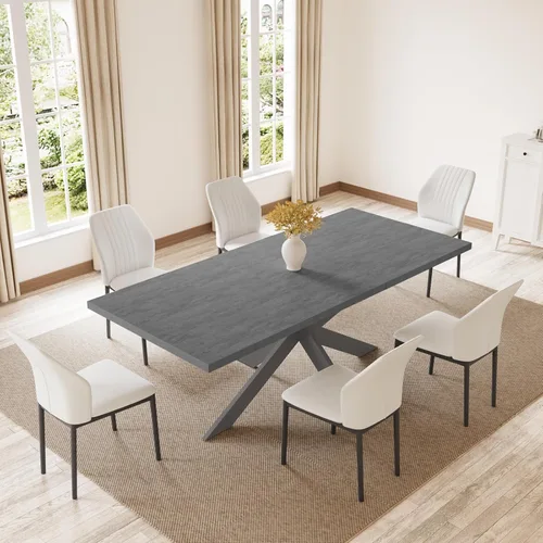Vista 26 de ZckyCine Juego de mesa de comedor extensible de 6 piezas, moderna mesa de madera gris de 63 a 79 pulgadas con 6 sillas de tela gris, mesa de comedor
