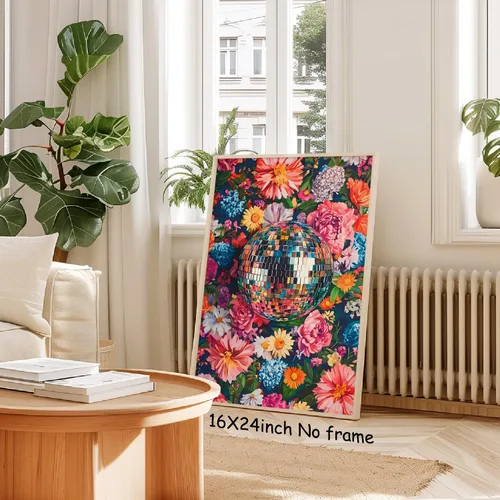 Vista 7 de Arte de pared de bola de discoteca colorida, pintura de flores de discoteca, póster retro de discoteca, imágenes florales coloridas, arte de pared
