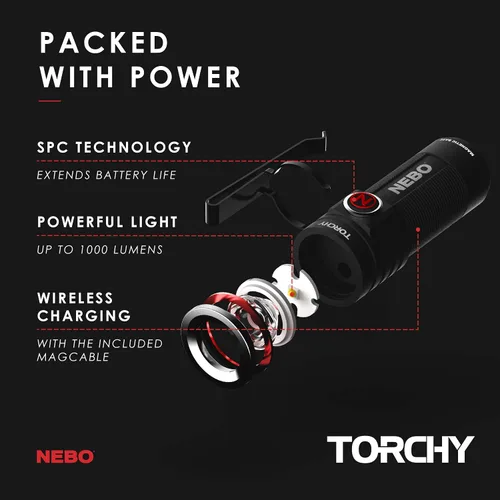 Vista 4 de NEBO Torchy linterna recargable de bolsillo 1,000 lúmenes, 5 modos de luz, base magnética y clip de acero, resistente al agua, linterna LED mini