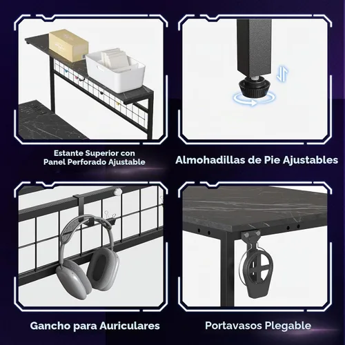 Vista 6 de Bestier - Escritorio esquinero para computadora con 42 tomas de corriente, luces LED, mármol negro