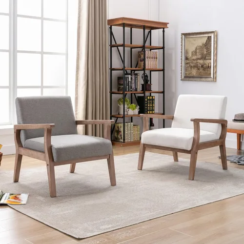 Vista 9 de BESTANO - Silla con acento de estilo moderno de mediados de siglo, con tapizado de lino y marco de madera, silla de acento para sala de estar