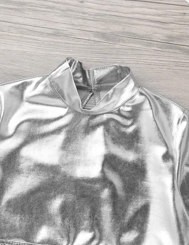 Vista 5 de TiaoBug Camiseta corta de manga larga con cuello alto falso para niñas y niñas, atlética, brillante, metálica, para danza, camiseta deportiva lisa