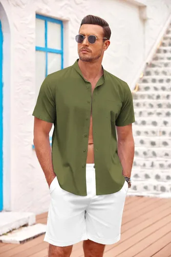 Vista 3 de COOFANDY Camisas casuales de algodón con botones para hombre, manga corta, cuello de banda, para playa y verano