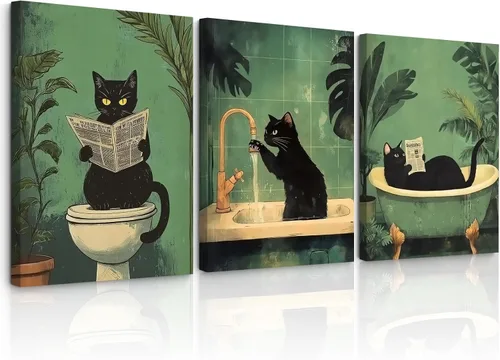 Vista 18 de Arte de pared de baño de gato, lienzo divertido para decoración de pared, imágenes de gato negro, impresiones lindas divertidas para baño, póster