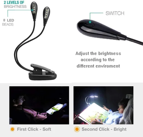 Vista 7 de 8 luces LED de soporte de música, 3 modos, luz de libro USB, luz blanca de doble cabezal, clip con batería, lámpara de lectura para proteger