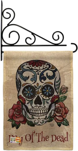Vista 15 de Bandera de arpillera para jardín del Día de los Muertos, fiesta mexicana, otoño, pequeño regalo, decoración para patio, casa, de doble cara