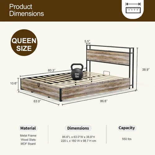Vista 2 de IKIFLY Cama de almacenamiento elevable tamaño Queen, marco de cama de metal con estante de almacenamiento de 2 niveles y estación de carga, listones