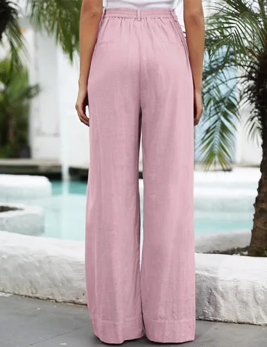 Vista 5 de Kocowoo Pantalones de vestir de lino de pierna ancha para mujer, pantalones palazzo de cintura alta, pantalones casuales de playa con bolsillo.