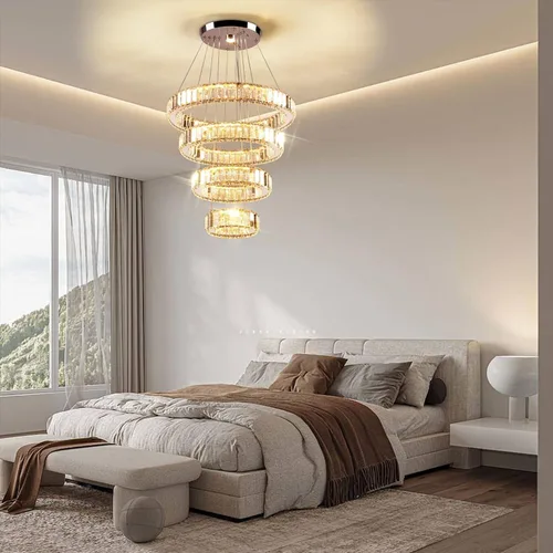 Vista 3 de Candelabro LED de 4 anillos para comedor, moderna lámpara de cristal colgante, lámparas de techo alto para dormitorio, sala de estar, comedor