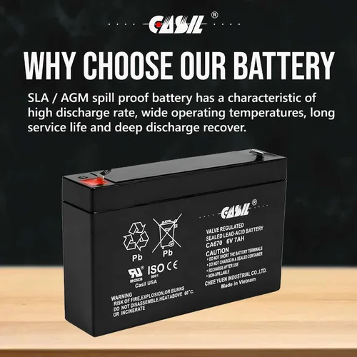 Vista 4 de Casil 3FM7 6V7Ah 20HR Batería de 6V 7Ah para juguetes motorizados - Batería recargable 3FM7 de 6V 7Ah duradera para juguetes motorizados para niños