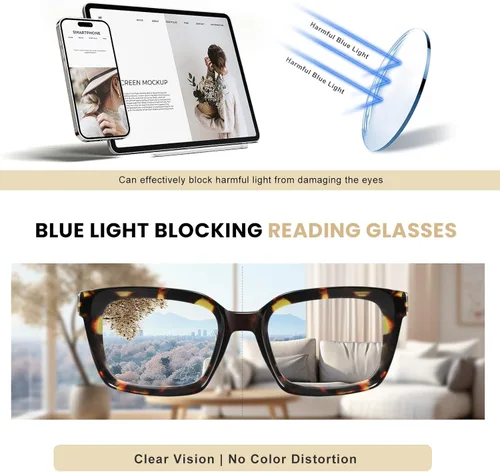 Vista 5 de XVXV Reading Glasses for Women Men - Blue Light Blocking Readers Oversize Square Anti Glare with Spring Hinge