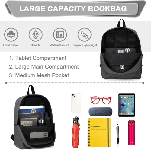 Vista 4 de Kasqo Mochila para mujeres y hombres, mochila clásica ligera y resistente al agua para adolescentes, niñas, niños, mochila informal de viaje escolar