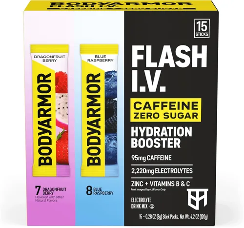 Vista 2 de BODYARMOR Paquetes de electrolitos Flash IV con cafeína, paquete variado de frambuesa azul y bayas de dragón, mezcla de bebida energética sin