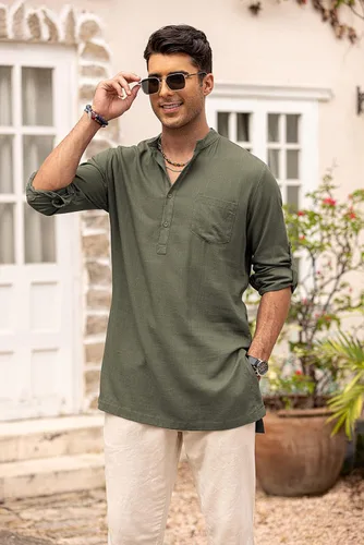 Vista 2 de COOFANDY Camisas Henley de lino para hombre, manga larga, ajuste regular, camisetas de playa Kurta con bolsillo