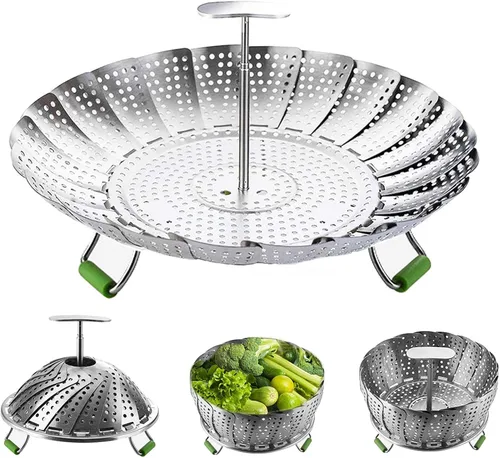 Vista 6 de Cesta de vapor, cesta de vapor vegetariana para cocinar de acero inoxidable plegable para verduras con mango central extraíble extensible extensible