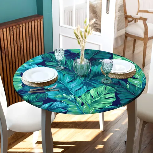 Vista 5 de Round Fitted Tablecloth with Elastic Edge Indoor Outdoor Washable Reusable Table Cover for Kitchen Picnic Party Fits 36-40" Diameter Round Tables