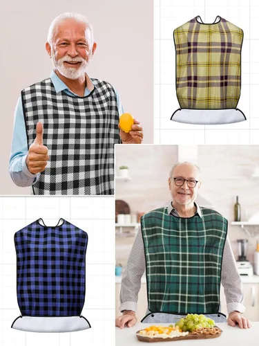 Vista 5 de 10 baberos para adultos para comer, lavable, impermeable, protector de ropa con atrapa migas, baberos grandes reutilizables ajustables para hombres