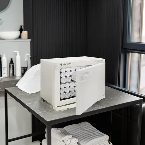 Vista 4 de Salon Sundry Gabinete calentador de toallas calientes profesional de alta capacidad - equipo de spa facial y salón - blanco
