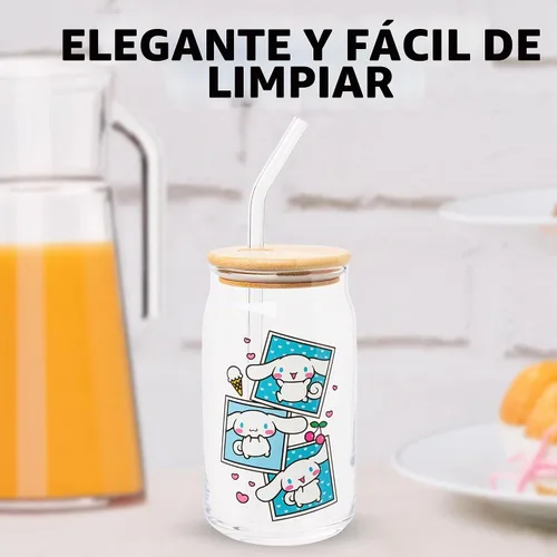 Vista 5 de Silver Buffalo Sanrio - Vaso de vidrio de Hello Kitty y sus amigos con polaroids de Cinnamonroll, con tapa de bambú y sorbete de vidrio, 16 onzas