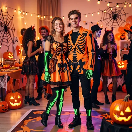 Vista 7 de Juego de medias y guantes de esqueleto luminosos de Halloween para fiesta y cosplay