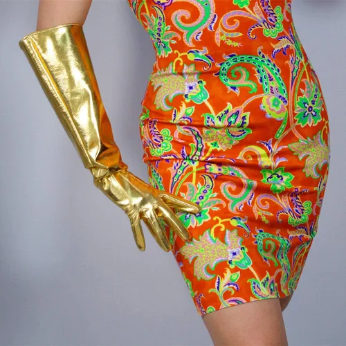 Vista 4 de LATEX - Guantes largos de piel sintética de imitación dorada Thanos Infinity Gauntlet