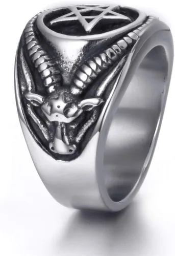 Vista 4 de Anillo de pentagrama Baphomet Cabra Satanás Demonio Diablo Hombres Anillos de Acero Inoxidable Joyería Vintage