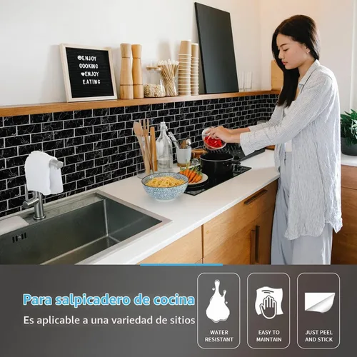 Vista 2 de Art3d Protector contra salpicaduras autoadhesivo de 10 hojas, 12 pulgadas x 12 pulgadas, azulejos tipo metro en diseño de mármol Mármol negro