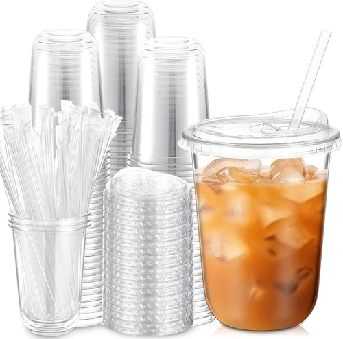 Vista 9 de Ziliny Paquete de 25 vasos de plástico transparente de 12 onzas con tapas para sorbos y pajitas, tazas desechables para café helado de cristal