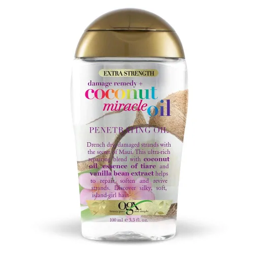 Vista 8 de OGX Remedio Extra Fuerte Contra Daños + Aceite Milagroso de Coco Tratamiento de Aceite Penetrante para el Cabello, Aceite Antiencrespamiento Extra