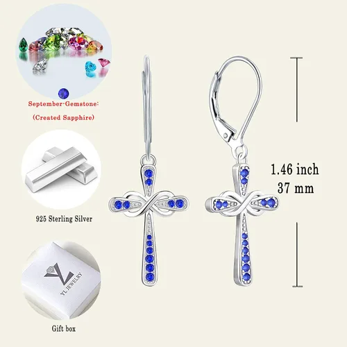 Vista 6 de YL Pendientes de cruz de plata de ley 925, aretes de plata de ley infinita, aretes colgantes de cruz con gota religiosa, regalo de bautismo