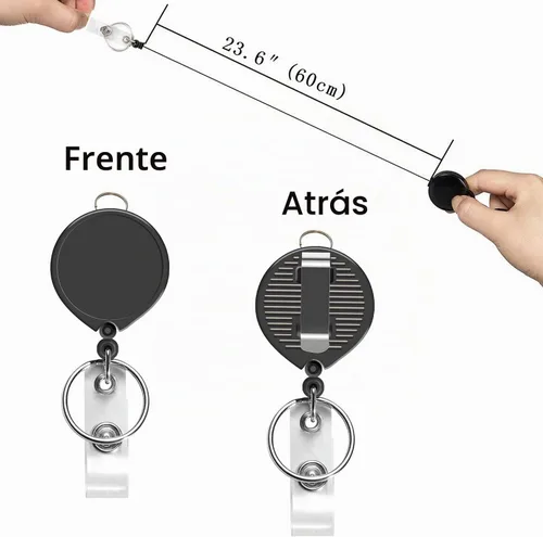Vista 5 de 2 cordones negros con soporte horizontal para tarjetas de identificación de 4 x 3, carrete retráctil Cordón de cuello plano con gancho de metal
