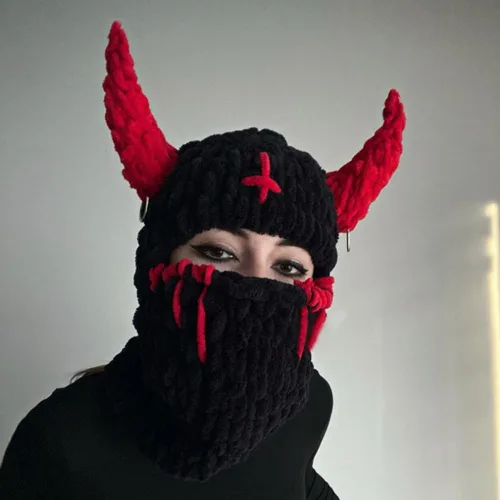Vista 6 de Gorro de punto de crochet grueso para mujeres y niñas, divertido gorro de conejo con orejas largas con máscara y bufanda, pasamontañas térmico