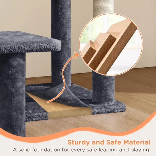 Vista 9 de Yaheetech Torre de árbol para gatos de varios niveles de 57 pulgadas con plataforma extendida, percha acolchada, postes rascadores y bola — centro