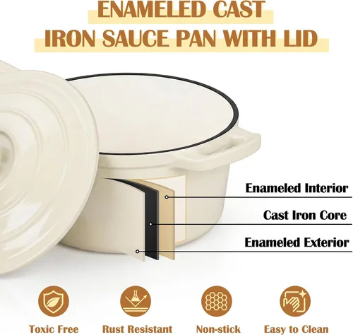 Vista 3 de E-far Sartén de hierro fundido esmaltado con tapa, cacerola de horno holandés de 1 cuarto de galón, mini olla para cocinar, hervir, saludable