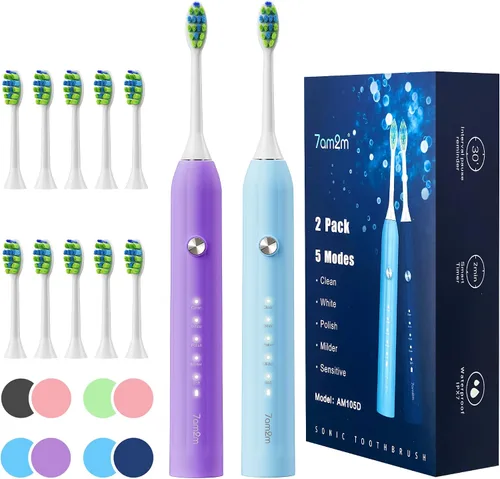 Vista 10 de 7AM2M Cepillo de dientes eléctrico sónico para adultos y niños, con 8 cabezales de cepillo y estuche de viaje, 5 modos con temporizador inteligente
