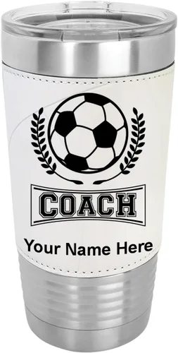 Vista 9 de LaserGram Vaso aislado al vacío de 20 onzas, entrenador de fútbol, grabado personalizado incluido (piel sintética, estilo béisbol)