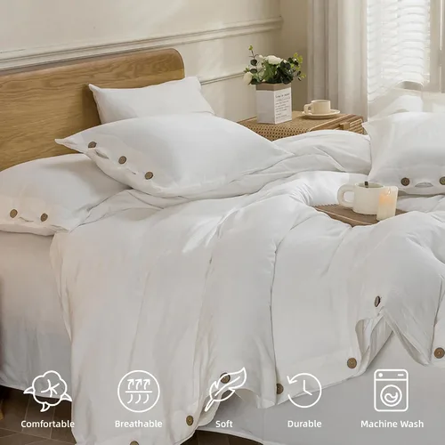 Vista 4 de JELLYMONI - Funda de edredón, 100 % algodón lavado con textura similar al lino, ropa de cama suave y transpirable de 3 piezas con cierre de botón