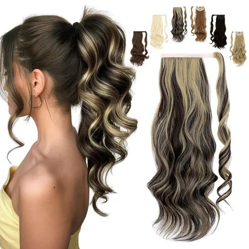 Vista 23 de FELENDY Extensión de cola de caballo, extensiones de cabello largo envolvente de 18 pulgadas, extensiones de cabello ondulado y rizado con clip