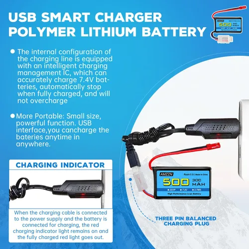 Vista 4 de 7.4V 500mAh 30C JST-2P Plug Lipo batería con USB para helicópteros controlados a distancia, cuadricópteros, autos de carreras micro FPV, drones