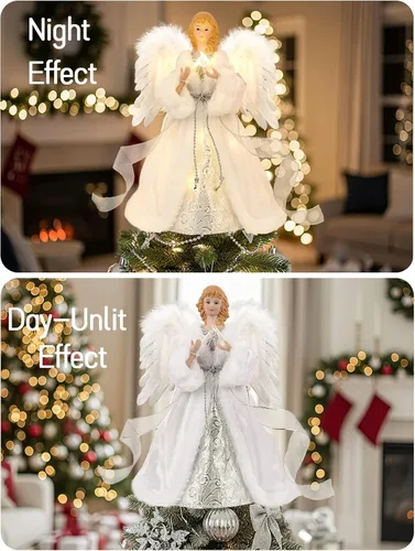 Vista 3 de HOHOTIME Adorno para la Copa del Árbol de Ángel de 12'' con Alas de Plumas Blancas y Falda Plateada, Adorno para la Copa del Árbol de Navidad
