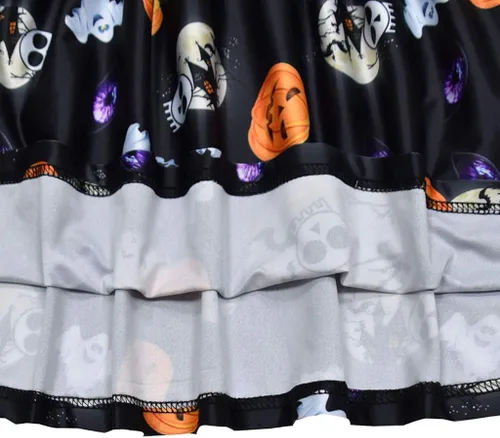 Vista 6 de Mini vestido de Halloween para niñas pequeñas, con volantes y manga corta, estampado de calabaza, acampanado, mini vestido de falda para otoño