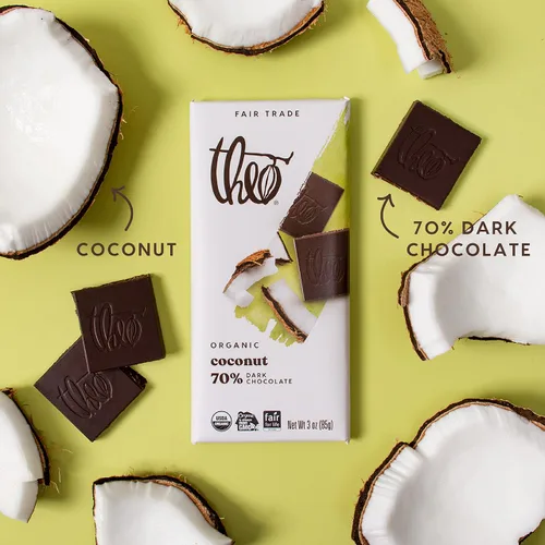 Vista 4 de Theo Barra de chocolate negro orgánico de coco y chocolate, 70% cacao, paquete de 6 Vegano, comercio justo
