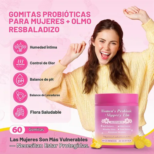 Vista 2 de Sus jugosas gomitas de probióticos femeninos con olmo resbaladizo apoya el equilibrio del pH, la salud intestinal y el sistema inmunológico