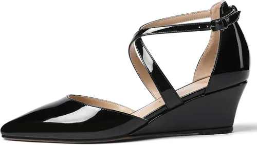 Vista 2 de MODENCOCO Zapatos de tacón bajo para mujer, con puntera puntiaguda, con hebilla y correa cruzada, para mujer, de 2 pulgadas