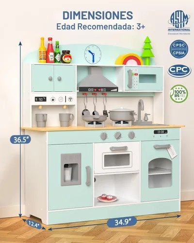 Vista 6 de Babytronic Juego de cocina de madera, cocina de simulación con luces y sonidos para niños de 3 años en adelante, incluye estufa, horno, microondas